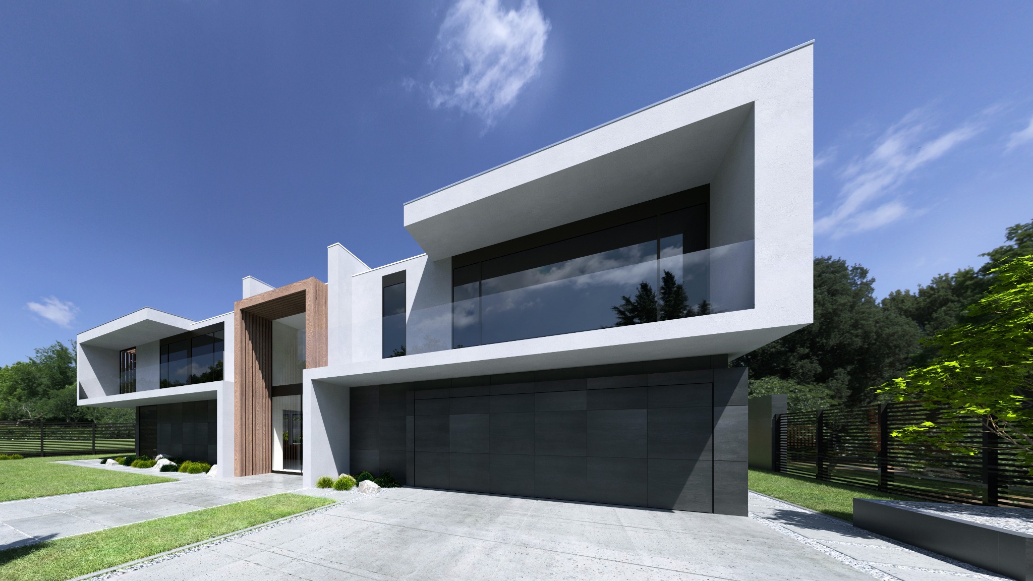 Wizualizacja nowoczesnego domu z płaskim dachem, dużymi przeszkleniami i drewnianą elewacją wejściową, otoczonego zielonym trawnikiem i minimalistycznym ogrodem.