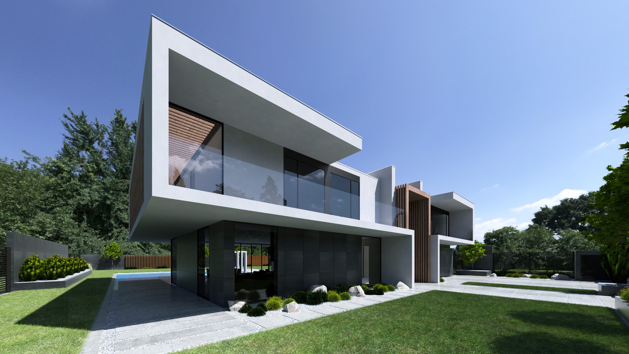 Nowoczesna bryła domu z płaskim dachem, dużymi przeszkleniami i drewnianymi elementami elewacji, otoczona zielonym trawnikiem i minimalistycznym ogrodem.