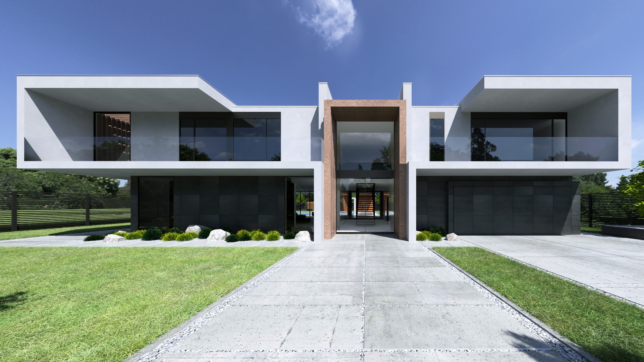 Nowoczesny dwukondygnacyjny dom z płaskim dachem, elewacją w odcieniach bieli i szarości, z dużymi przeszkleniami i drewnianym portalem wejściowym, otoczony trawnikiem i ozdobnymi krzewami.