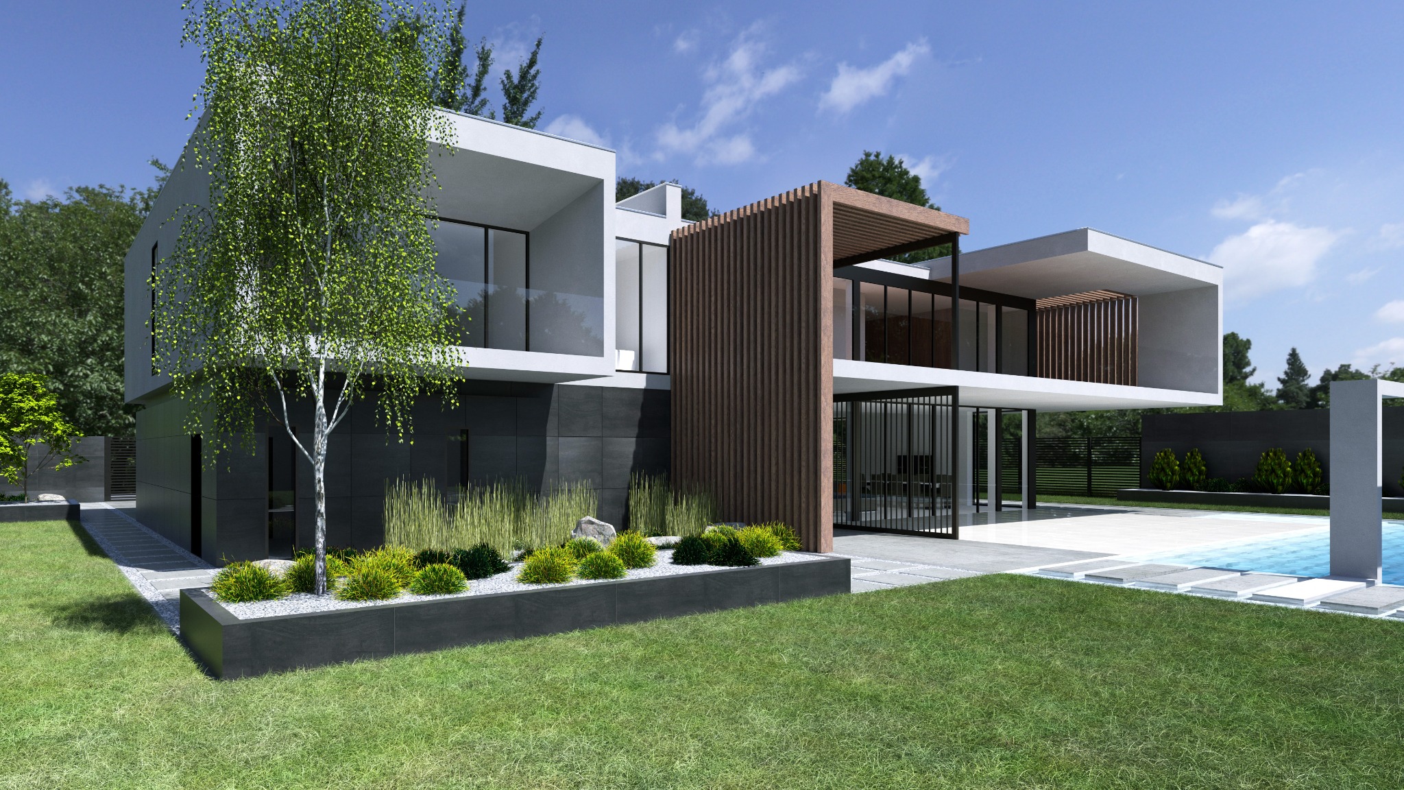 Nowoczesna dwukondygnacyjna willa z płaskim dachem, elewacją w odcieniach bieli i szarości, drewnianymi elementami dekoracyjnymi, otoczona zielenią i basenem, prezentowana w słoneczny dzień.