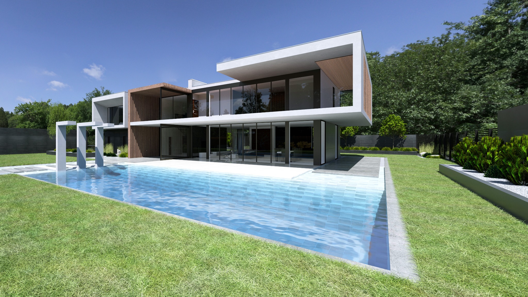 Nowoczesny dom z basenem, duże przeszklenia, minimalistyczna architektura, drewniane elementy elewacji, zadbany trawnik, błękitne niebo.