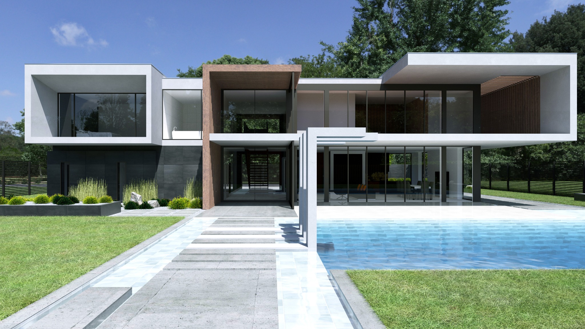 Nowoczesna, dwukondygnacyjna willa z płaskim dachem, dużymi przeszkleniami i basenem, otoczona zielenią.