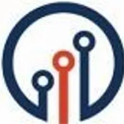 Abstrakcyjne logo przedstawiające okrąg z trzema pionowymi liniami zakończonymi kropkami, środkowa linia jest czerwona, pozostałe niebieskie.