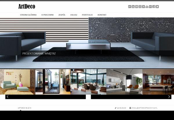 Strona internetowa firmy ArtDeco z minimalistycznym projektem wnętrza: czarne sofy, szklany stolik kawowy na czarnym dywanie, tło z poziomymi pasami i marmurkową teksturą.