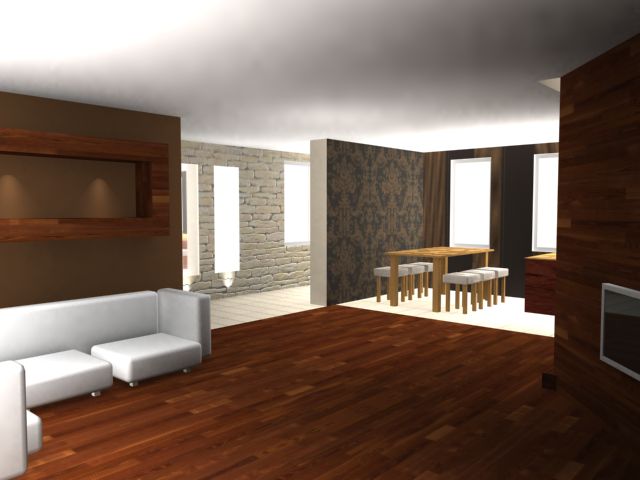 Wizualizacja wnętrza: salon z drewnianą podłogą, białą sofą modułową, drewnianym stołem i ścianą z dekoracyjną cegłą.