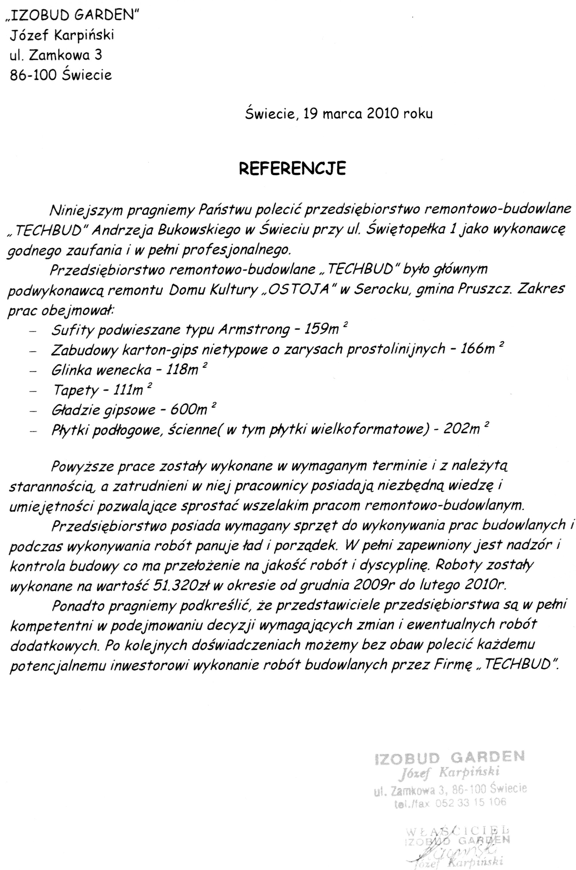 Skan referencji dla firmy TECHBUD, remontującej Dom Kultury OSTOJA, z wyszczególnionym zakresem prac: sufity Armstrong, zabudowy karton-gips, glinka wenecka, tapety, gładzie gipsowe, płytki...