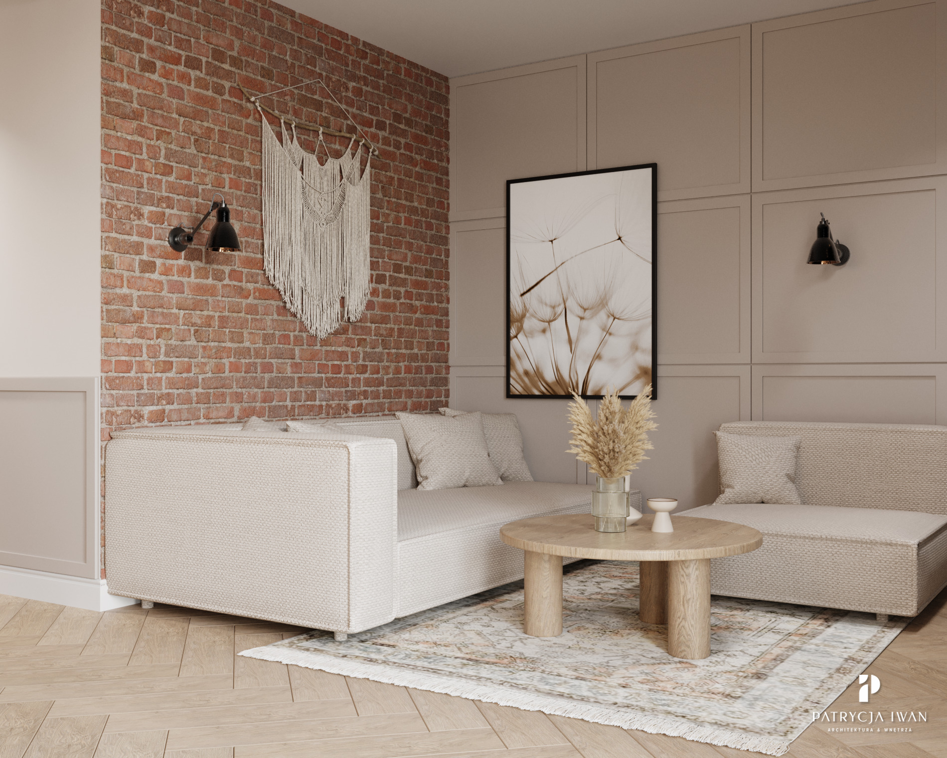 Salon w stylu skandynawskim z ceglaną ścianą, beżową sofą, okrągłym stolikiem kawowym i makramą na ścianie