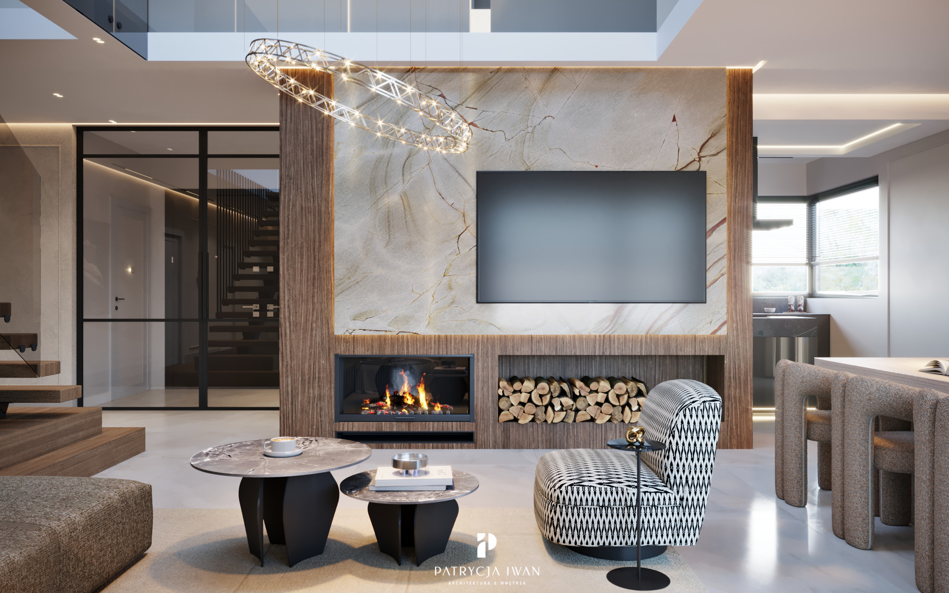 Elegancki salon z kominkiem i telewizorem na ścianie z marmuru. Nowoczesne meble, designerska lampa. Widoczne schody i okno. Ciepłe oświetlenie.