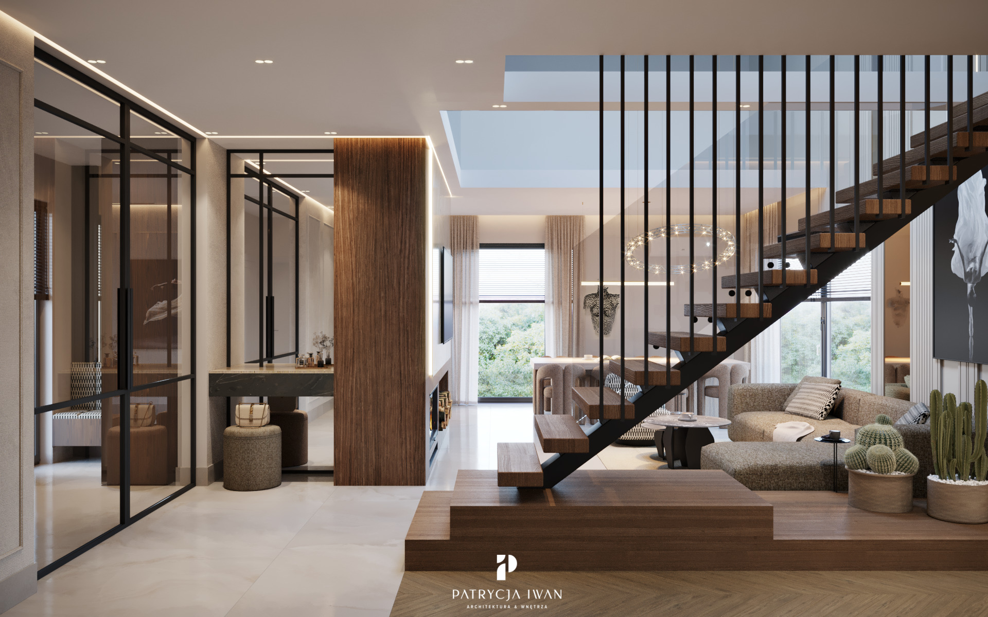 Wnętrze domu z drewnianymi schodami, sofą i kaktusami w donicach. Widok na jadalnię i okno z widokiem na zieleń. Nowoczesny design z elementami drewna i czerni.