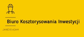 Żółte tło z napisem 'Biuro Kosztorysowania Inwestycji' i ikoną budowlańca w kasku. Minimalistyczny design z imieniem Janicki Adam.