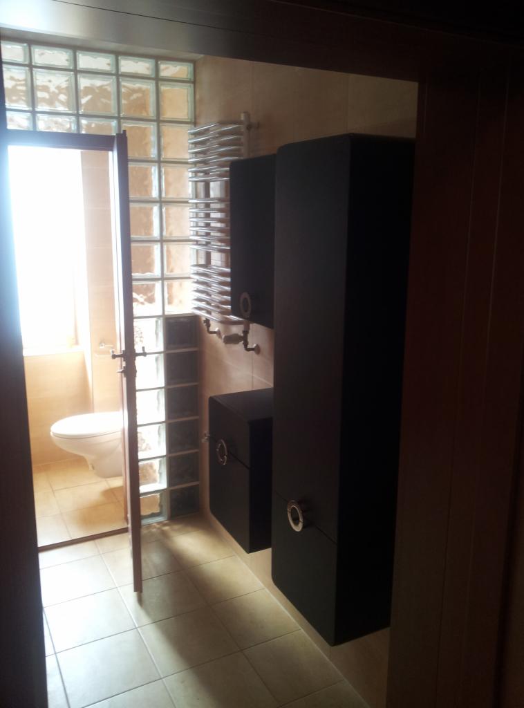 Wykończona łazienka z toaletą, grzejnikiem drabinkowym i czarnymi szafkami z okrągłymi uchwytami. Ściana z luksferów w naturalnym świetle.