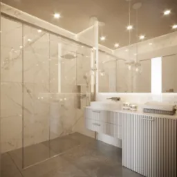 Nowoczesna łazienka z kabiną prysznicową typu walk-in, marmurowymi płytkami na ścianach i podłodze, białą szafką pod umywalką z ryflowanymi frontami, trzema wiszącymi lampami i dekoracyjnymi świecami.