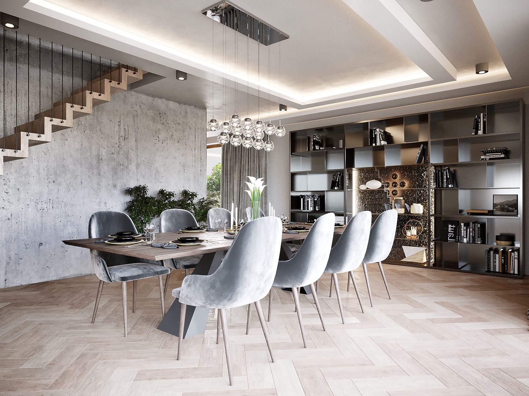 Nowoczesna jadalnia z drewnianym stołem, szarymi krzesłami obitymi welurem, oświetleniem punktowym i wiszącą lampą z kulistymi kloszami, na podłodze parkiet ułożony w jodełkę, w tle betonowa ściana...