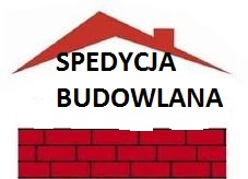 Logo firmy z czerwonym dachem i murem z cegieł, napis 'SPEDYCJA BUDOWLANA' w czerni.