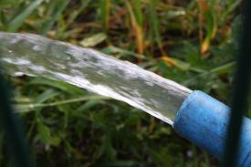 Strumień czystej wody wypływający z niebieskiego węża na tle zielonej trawy, prawdopodobnie podczas testowania wydajności nowo wywierconej studni.