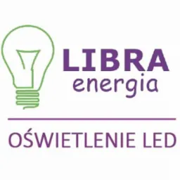 Logo firmy Libra Energia Oświetlenie LED z motywem żarówki w kolorze zielonym i fioletowym napisem.