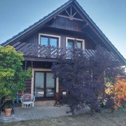 K39 Zakład Konstrukcji Drewnianych - Brązowy dom z bali z balkonem i ciemną więźbą dachową, otoczony zielenią i fioletowym drzewem, z wiszącym krzesłem na tarasie.