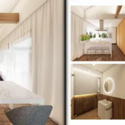 Wizualizacja wnętrza domu z jadalnią, biblioteczką, salonem z kominkiem, kuchnią i łazienkami w stylu nowoczesnym, z drewnianymi akcentami i białymi ścianami.