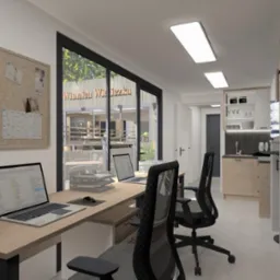 Wizualizacja biura z dwoma stanowiskami pracy, biurkami z laptopami, tablicą korkową i widokiem na zewnętrzny lokal, prawdopodobnie kawiarnię lub restaurację.