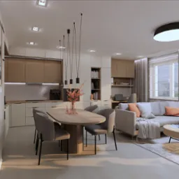 Projekt koncepcyjny salonu z aneksem kuchennym. Projekt wnętrz mieszkania w stanie deweloperskim w Krakowie.