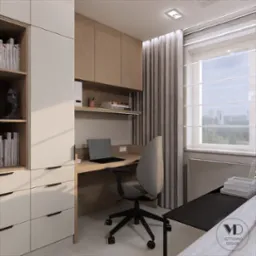 Projekt wnętrz krakowskiego mieszkania. Miejsce do pracy w salonie dla osoby pracującej w domu.