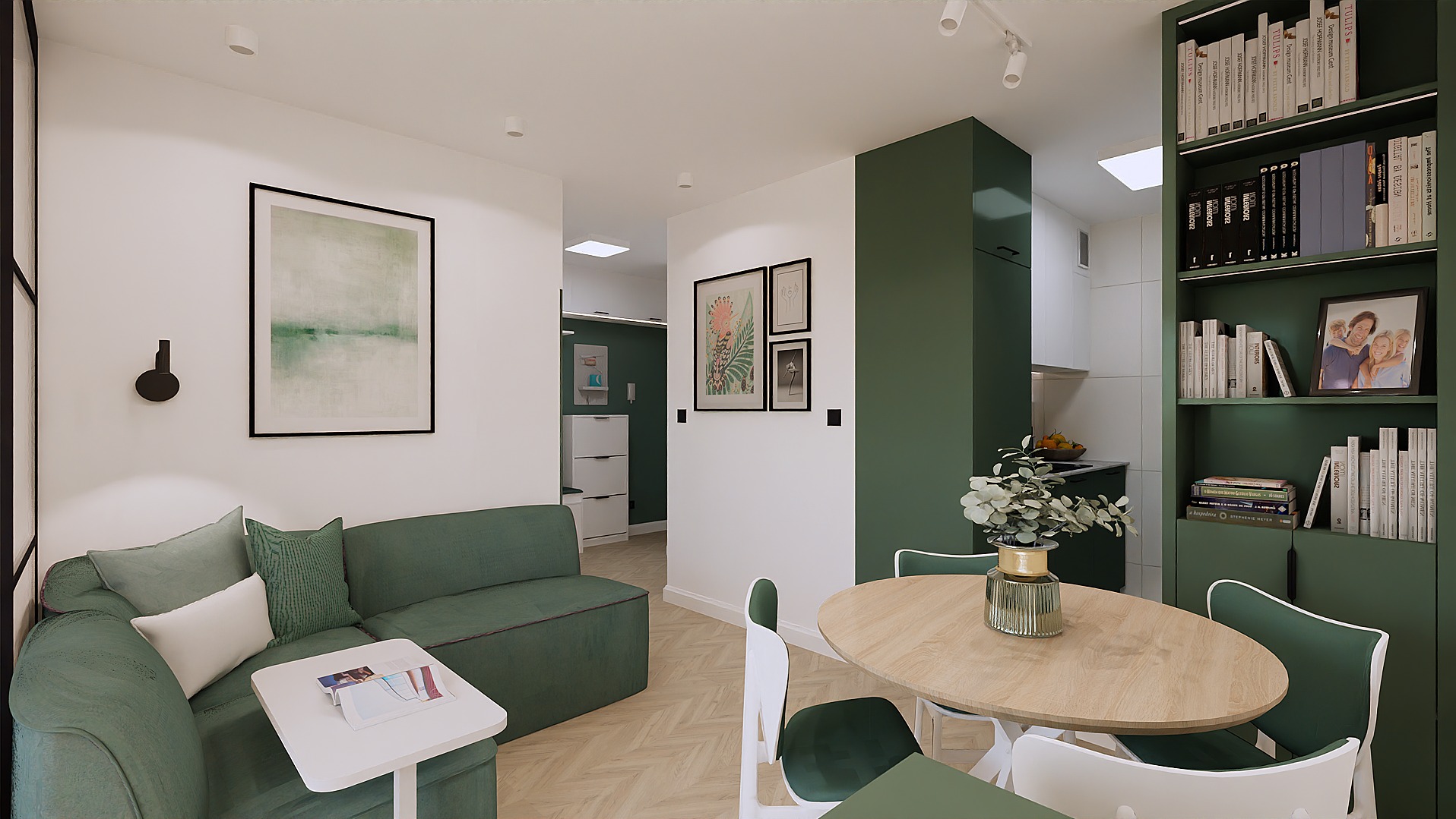 Salon z widokiem na przedpokój i kuchnię / Kompleksowy projekt wnętrz mieszkania w Krakowie