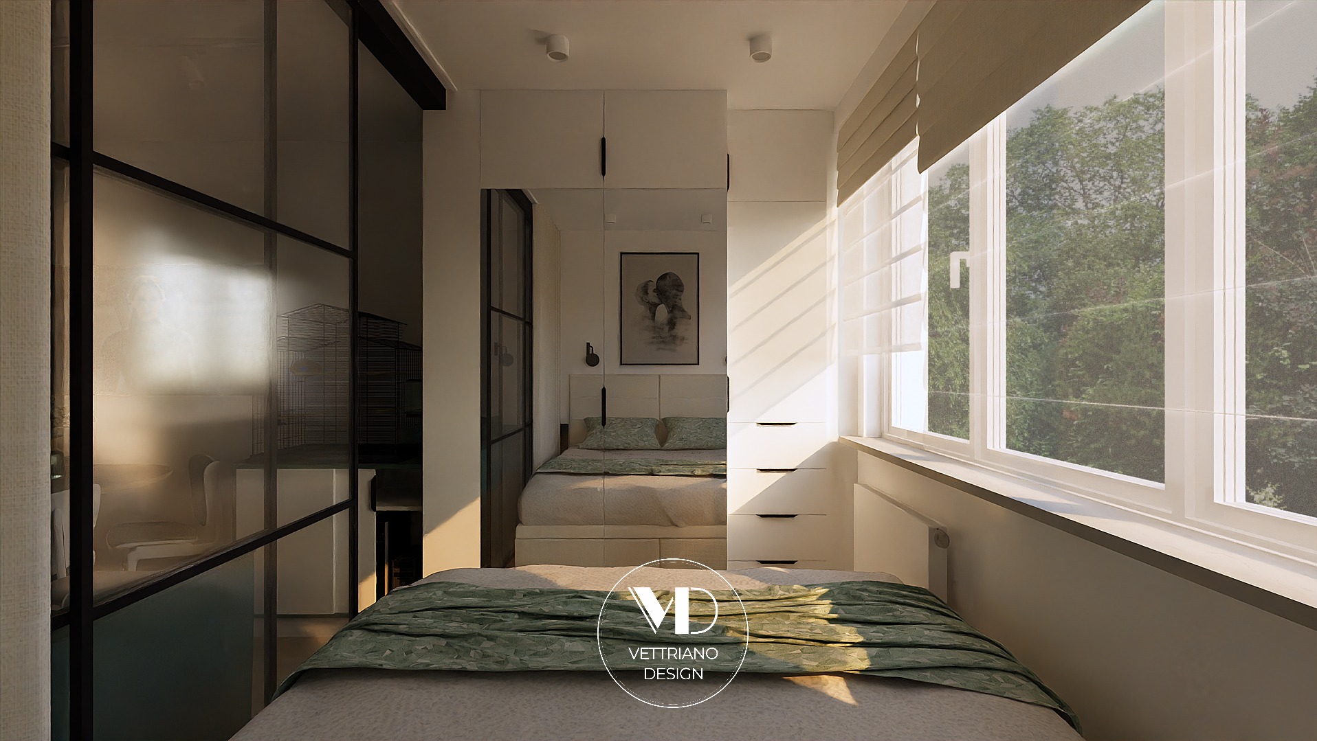 Nowoczesna sypialnia z łóżkiem w kolorach beżu i zieleni, przeszkloną ścianą z czarnymi szprosami, w tle widoczna sypialnia z obrazem na ścianie i szafą w zabudowie, duże okno z widokiem na zieleń.