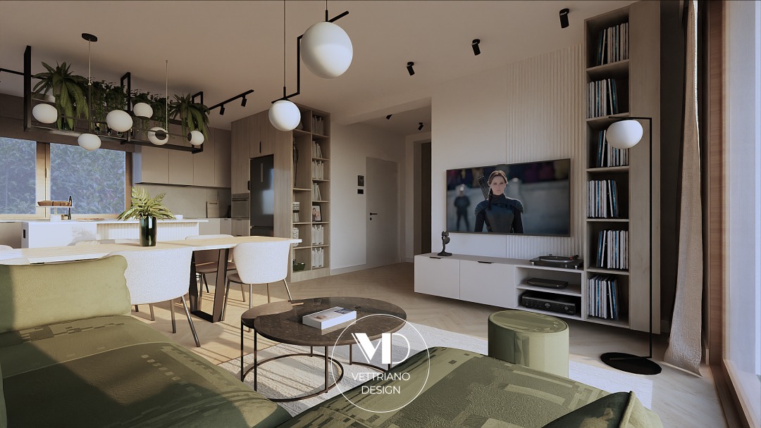 Koncepcyjny projekt salonu z kuchnią w domu jednorodzinnym w Krakowie