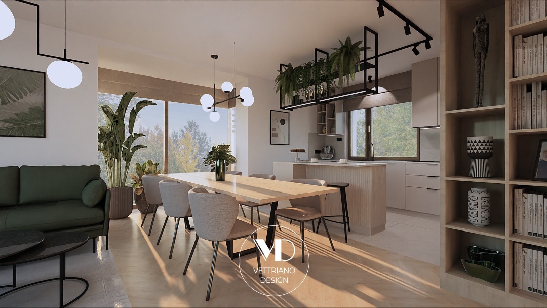 Wizualizacja jasnego salonu z otwartą kuchnią w domu jednorodzinnym, z dużym oknem, roślinami doniczkowymi, drewnianym stołem jadalnym i zieloną sofą, oświetlonego nowoczesnymi lampami.