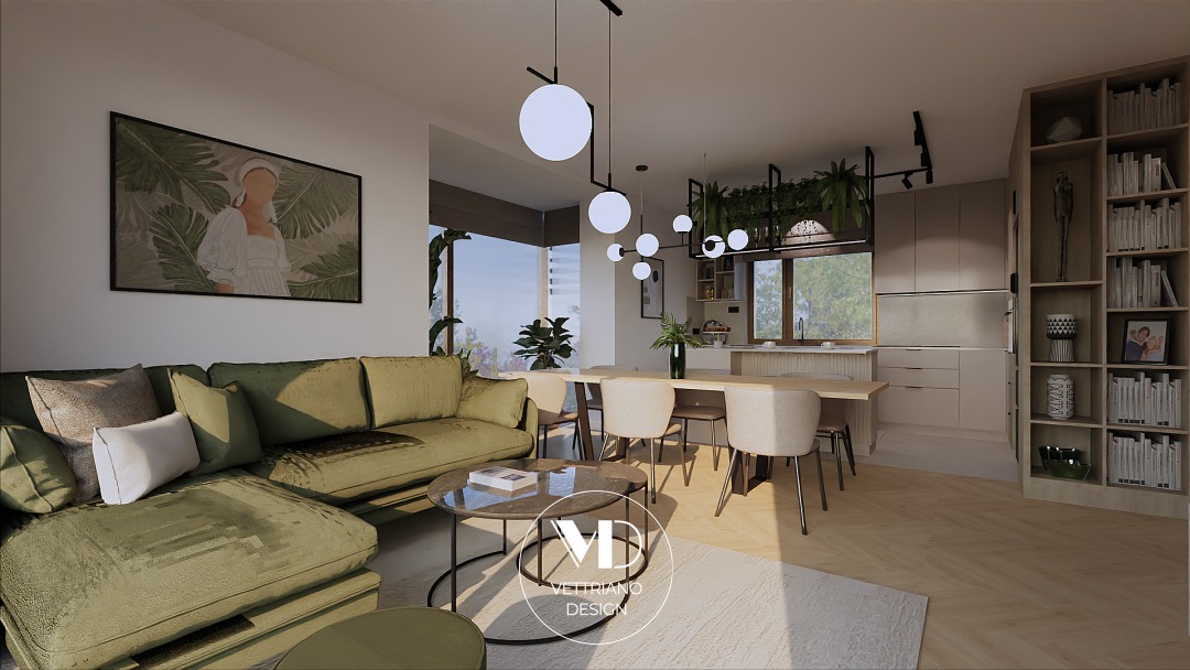 Wizualizacja salonu z kuchnią w domu jednorodzinnym: zielona sofa narożna, okrągłe stoliki kawowe, stół z krzesłami, oświetlenie kuliste, regał z książkami i dekoracjami, obraz z motywem roślinnym.