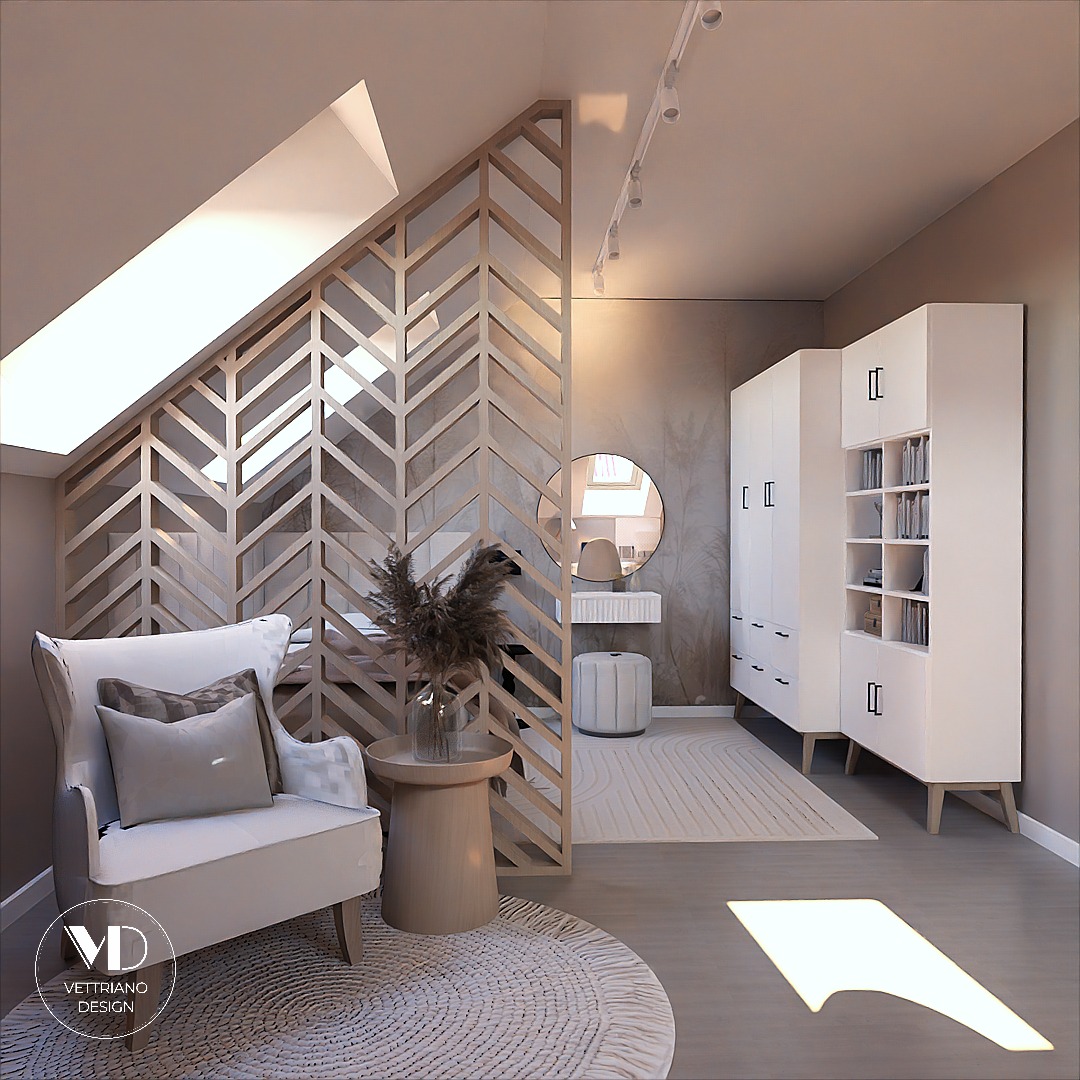 Projekt pokoju na poddaszu dla nastolatki, w stylu boho.