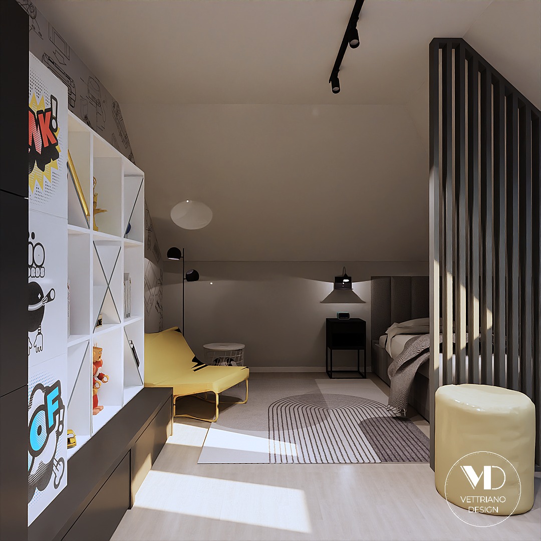 Projekt pokoju na poddaszu dla nastolatka.