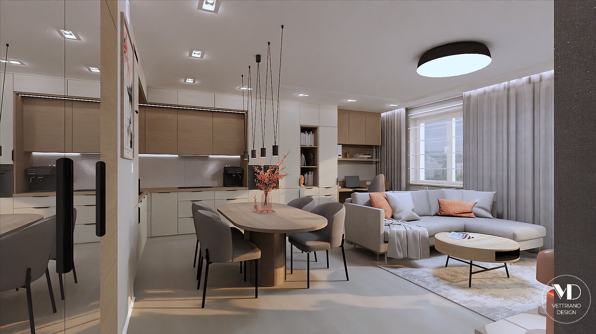 Projekt koncepcyjny salonu z aneksem kuchennym. Projekt wnętrz mieszkania w stanie deweloperskim w Krakowie.