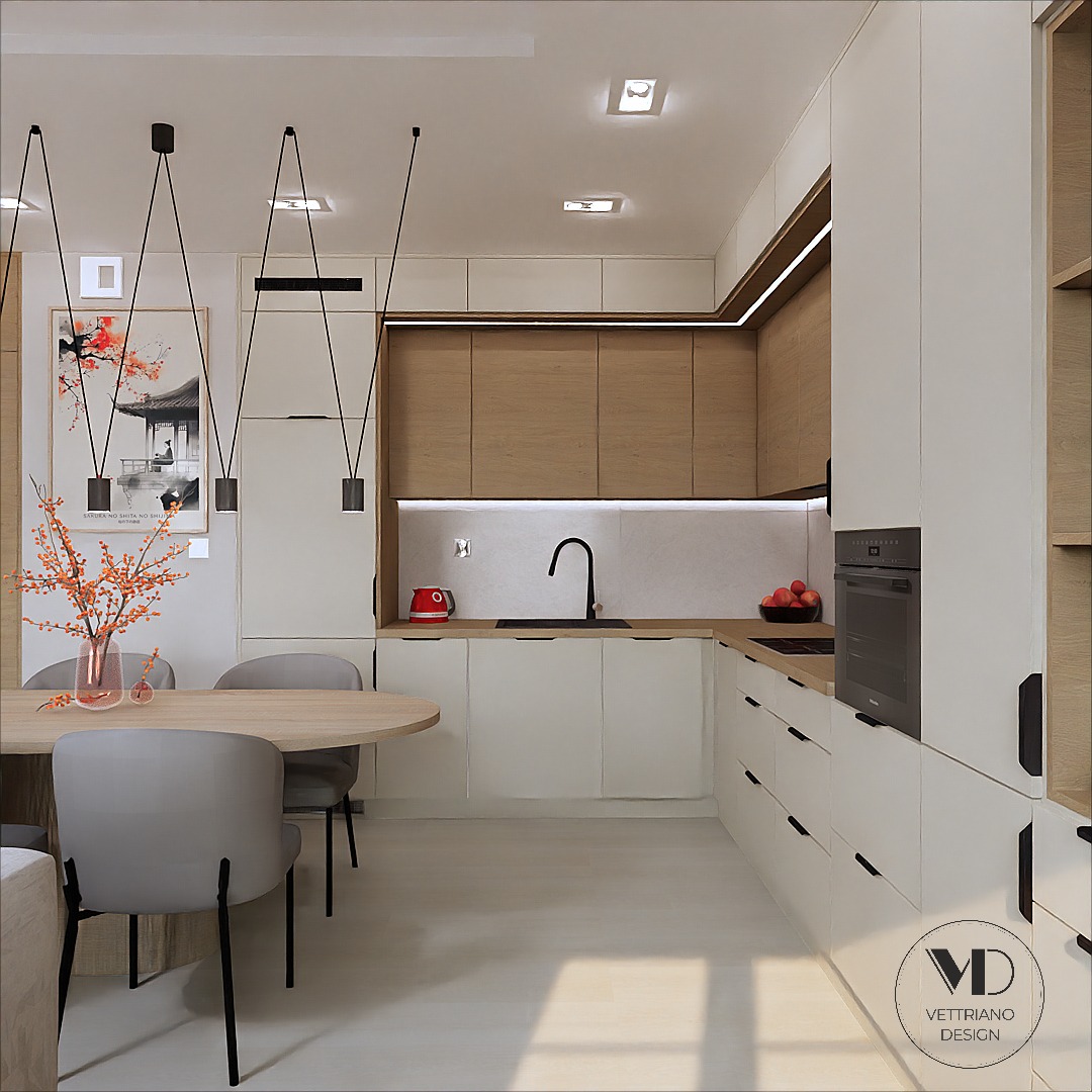 Projekt koncepcyjny aneksu kuchennego wraz z projektem mebli i dobory sprzętu AGD.