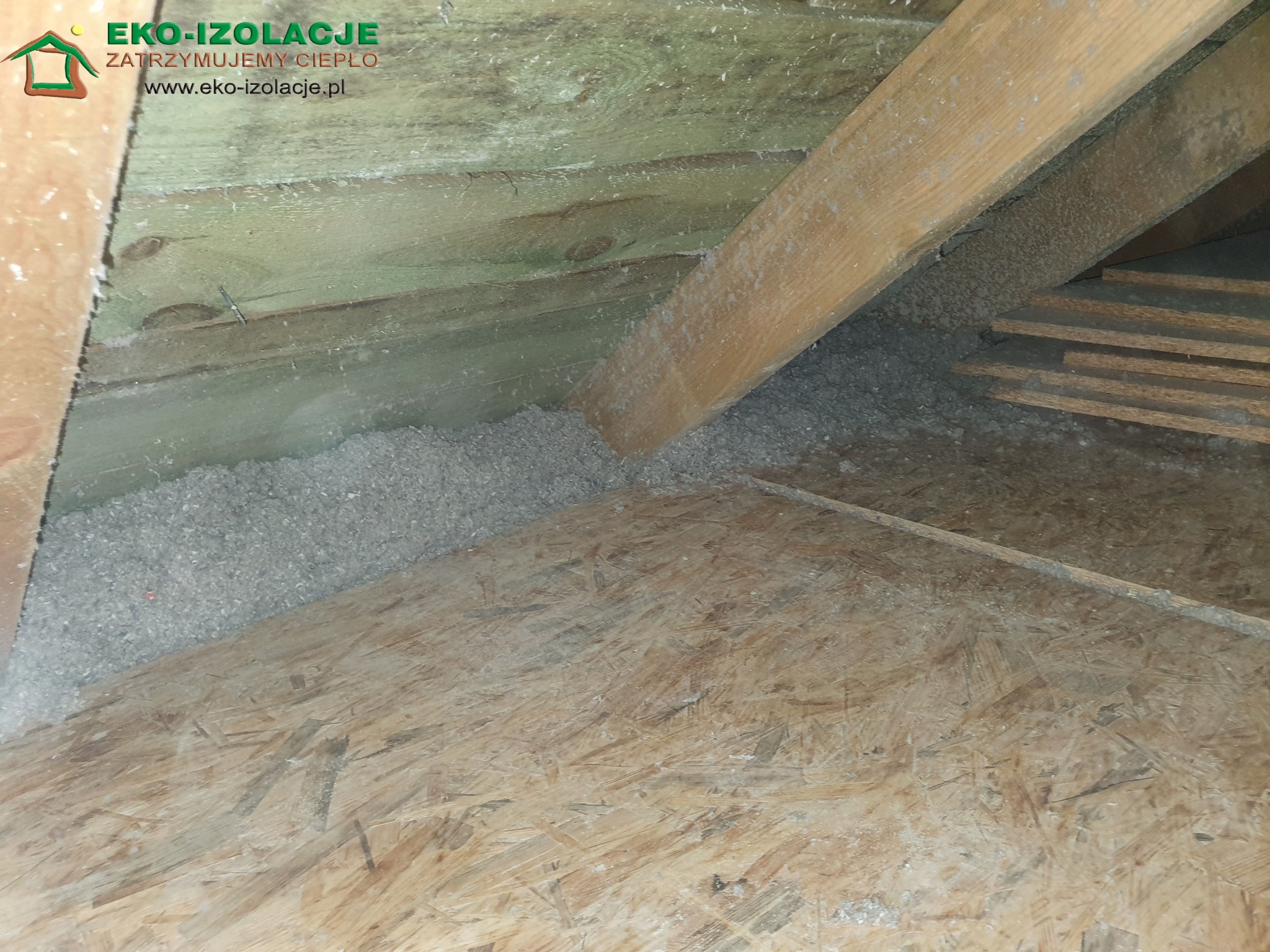 Szara izolacja wdmuchana w przestrzeń poddasza, widoczne drewniane belki konstrukcyjne i płyty OSB, logo firmy EKO-IZOLACJE w lewym górnym rogu.