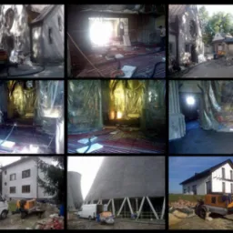 Montaż ogrzewania podłogowego w budynku z elementami sakralnymi, zabezpieczonego folią, z widocznym agregatem do wylewki oraz budynek z zewnątrz.