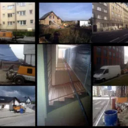 Kompozycja zdjęć przedstawiająca budynki w różnym stanie wykończenia, schody wewnątrz budynku, oraz pomarańczowe maszyny budowlane, prawdopodobnie do wylewania posadzek, zaparkowane przy budynkach...