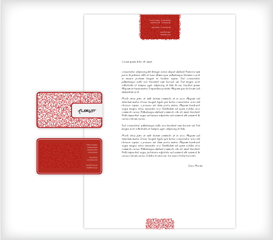 Projekt wizytówki i papieru firmowego z motywem roślinnym w odcieniach czerwieni, ułożone na białym tle. Wizytówka z napisem 'FLORIST'.
