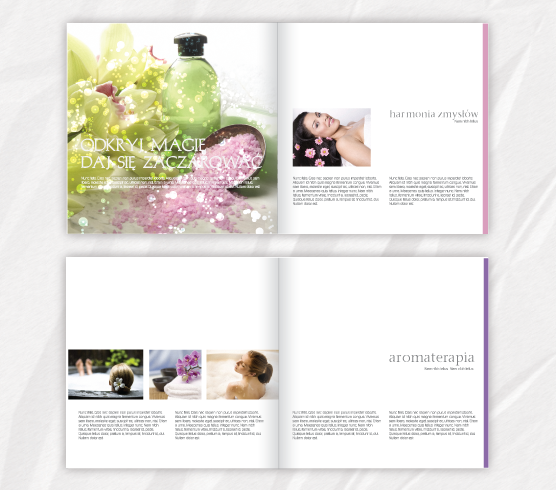 Rozkładówka katalogu reklamowego spa z motywem kwiatów, soli do kąpieli i aromaterapii, prezentująca ofertę zabiegów relaksacyjnych i pielęgnacyjnych.