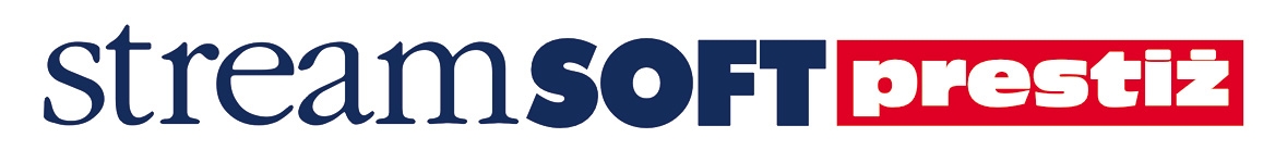 Logo firmy Streamsoft Prestiż, specjalizującej się w programach do zarządzania firmą, z nazwą zapisaną granatową czcionką obok czerwonego prostokąta z białą nazwą Prestiż.