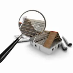 Model domu w trakcie budowy dachu, powiększony fragment dachu widoczny przez lupę, obok leżą zwinięte plany architektoniczne.