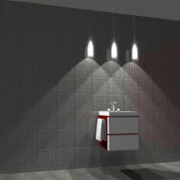 Wizualizacja łazienki z umywalką na szafce w kolorze białym i czerwonym, trzy wiszące lampy nad nią, ściany wyłożone ciemną mozaiką.