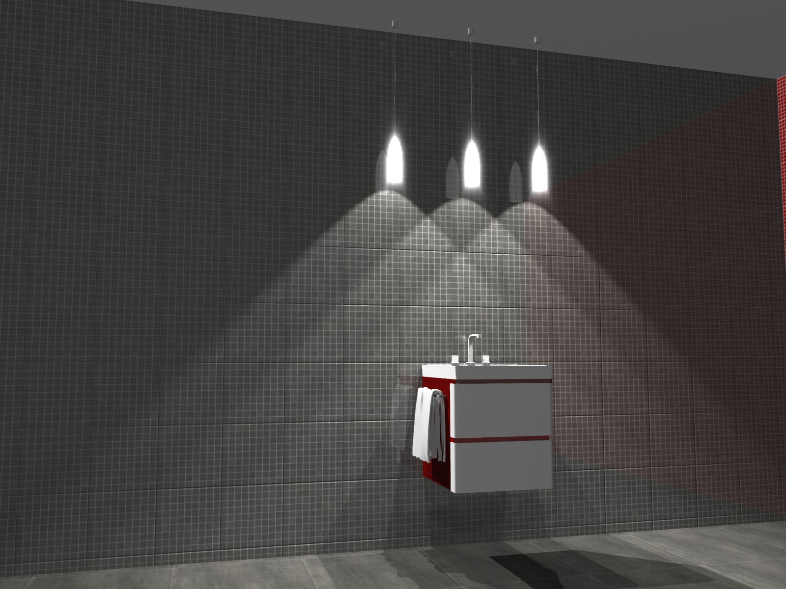 Wizualizacja łazienki z umywalką na szafce w kolorze białym i czerwonym, trzy wiszące lampy nad nią, ściany wyłożone ciemną mozaiką.