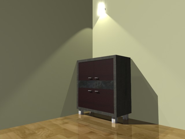 Wizualizacja dwudrzwiowej szafki z ciemnego drewna z poziomym pasem dekoracyjnym, stojącej na drewnianej podłodze w oświetlonym wnętrzu.