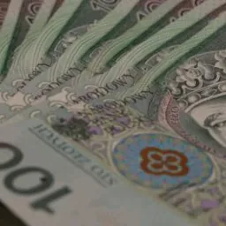 Stos banknotów 100 złotych polskich, z portretem króla, ułożonych wachlarzowo, symbolizujących finanse i windykację.