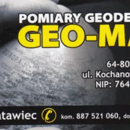 Wizytówka firmy GEO-MAR oferującej pomiary geodezyjne, z adresem w Chodzieży, numerem NIP i danymi kontaktowymi Marka Latawca, z grafiką globu w tle.
