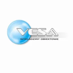 Logo VESA Matecki z niebieską kulą i napisem 'Wykładziny Obiektowe' na białym tle. Grafika reklamowa prezentująca ofertę firmy.