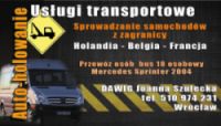 Reklama usług transportowych: auto-holowanie, sprowadzanie samochodów z zagranicy (Holandia, Belgia, Francja), przewóz osób busem (10 osobowy Mercedes Sprinter 2004), dane kontaktowe firmy DAWIG...