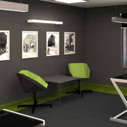 Stamann - Nowoczesne biuro z szarymi ścianami, minimalistycznymi meblami w odcieniach szarości i limonki oraz czarno-białymi fotografiami budynków w białych ramach.