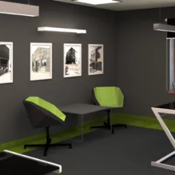 Nowoczesne biuro z szarymi ścianami, minimalistycznymi meblami w odcieniach szarości i limonki oraz czarno-białymi fotografiami budynków w białych ramach.